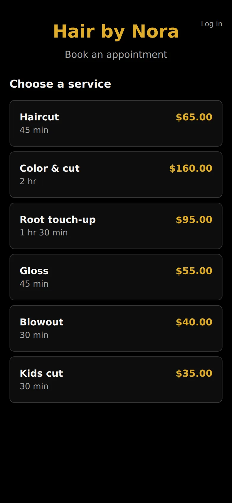 A client's booking page for Hair by Nora: six services, each with its length and price.