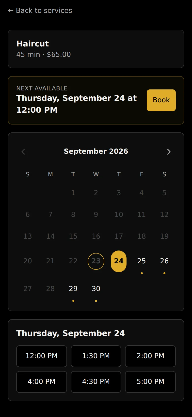 The time picker after choosing a haircut: the next available time, a month calendar, and the open times for Thursday.