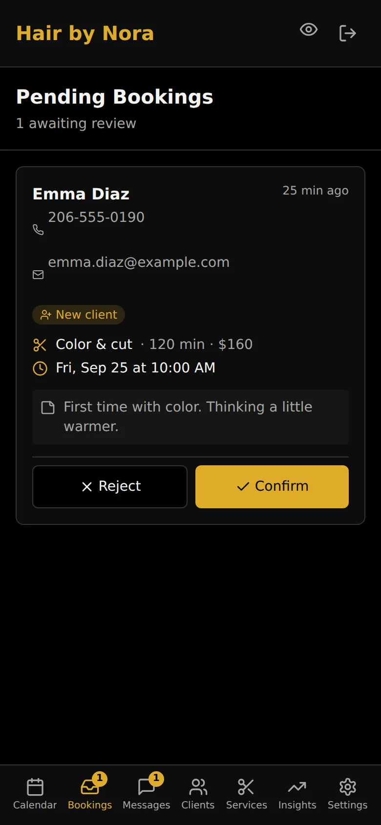 A pending booking request from a new client for a color and cut, with Reject and Confirm buttons.