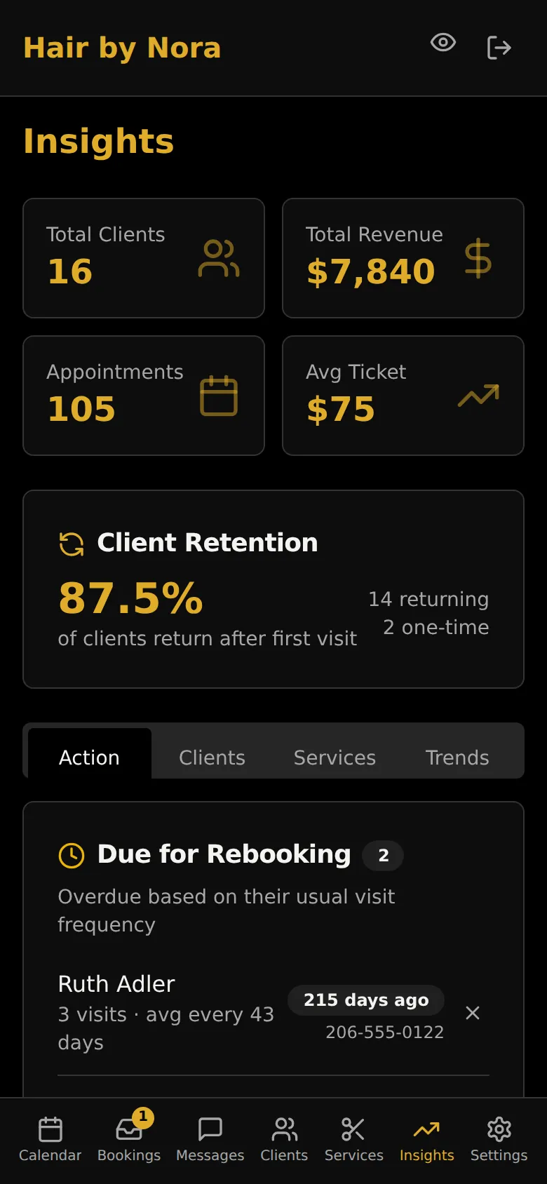 Insights: total clients, revenue, appointments and average ticket, with two regulars due for rebooking.