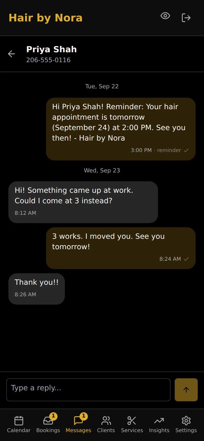 A text thread: a reminder, the client asking to come an hour later, and the reply saying it's moved.